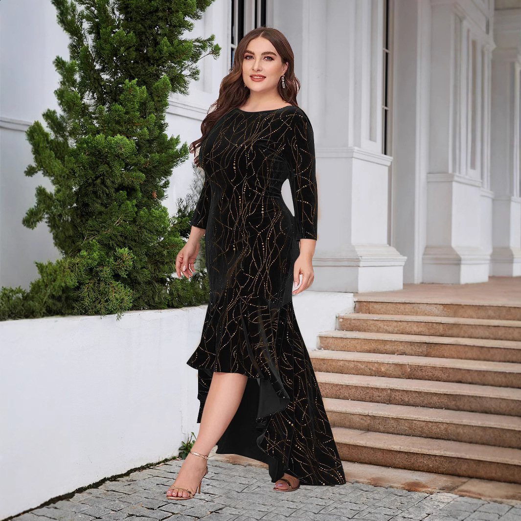 Sexy Womens Plus Size Evening Dress Green Round Neck Long Sleeve Glitter Sequins Mermaid Maxi Dress 2025 Vestidos de gala 241225