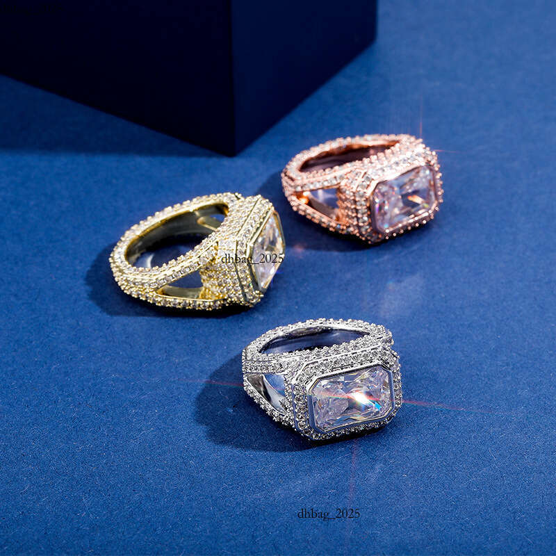 Jewelry Luxury Jewelry INS Hot Sale Large Square Diamond Hip Hop Full Moissanite Men and Women Trendy Real Gold Plated Ring