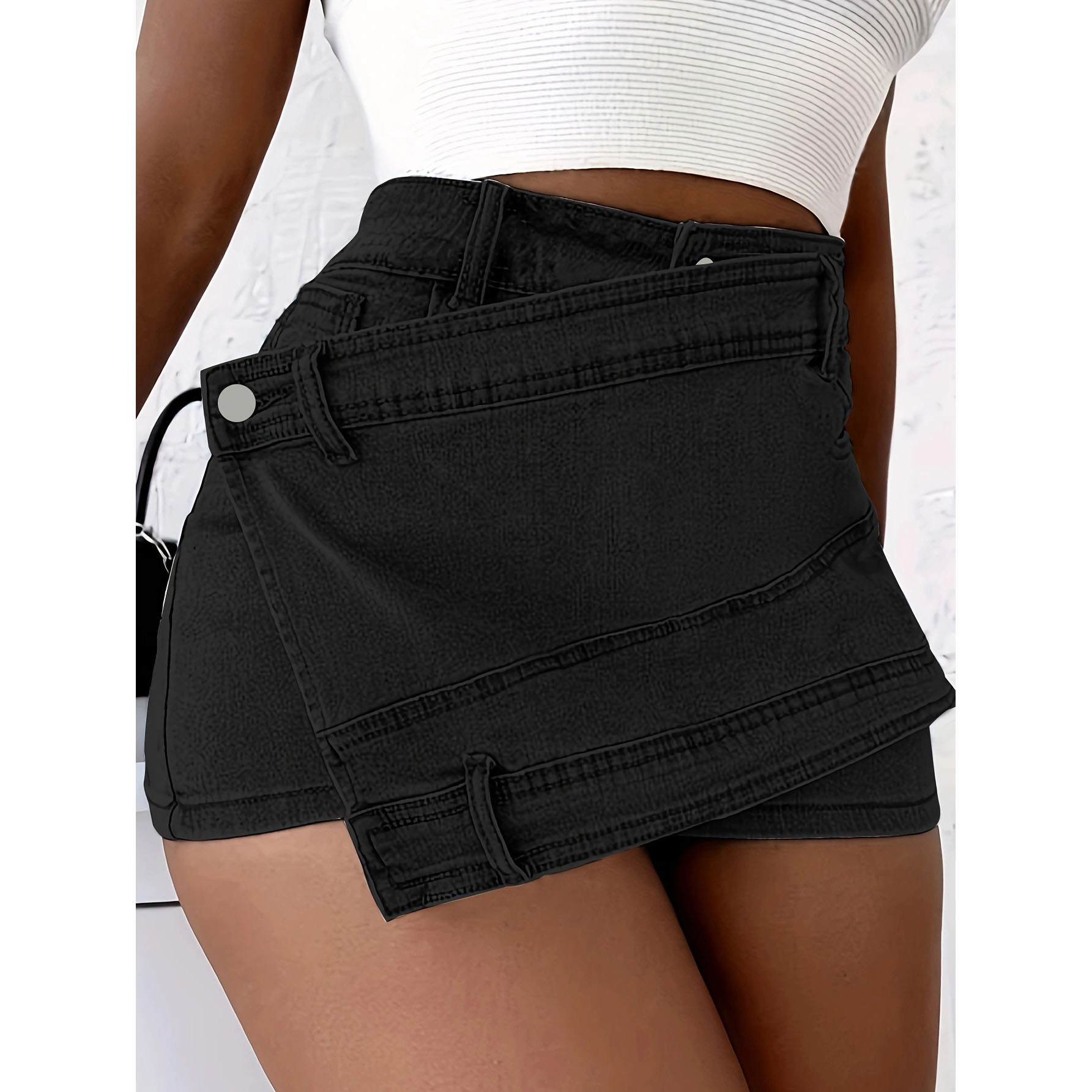 Women Fashion Denim Mini Skort Rave Street Wrap Stretch Irregular A-Line Skinny Cargo Jean Shorts Mujer