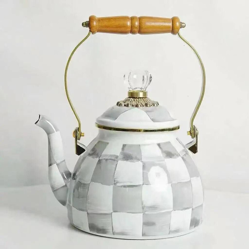 Classic Black White Checkered Enamel Kettle Wooden Handle Diamond Lid 2.5L Large Capacity Tilted Spout All Season