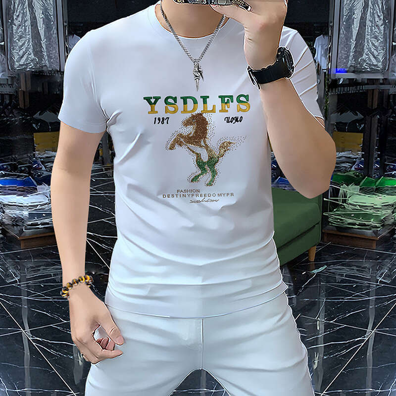 Heavy Industry Trend Embroidery Short Round Neck Shirt Mercerized Cotton Men's Half Sleeve Comfortable Breathable Summer New T-Shirt