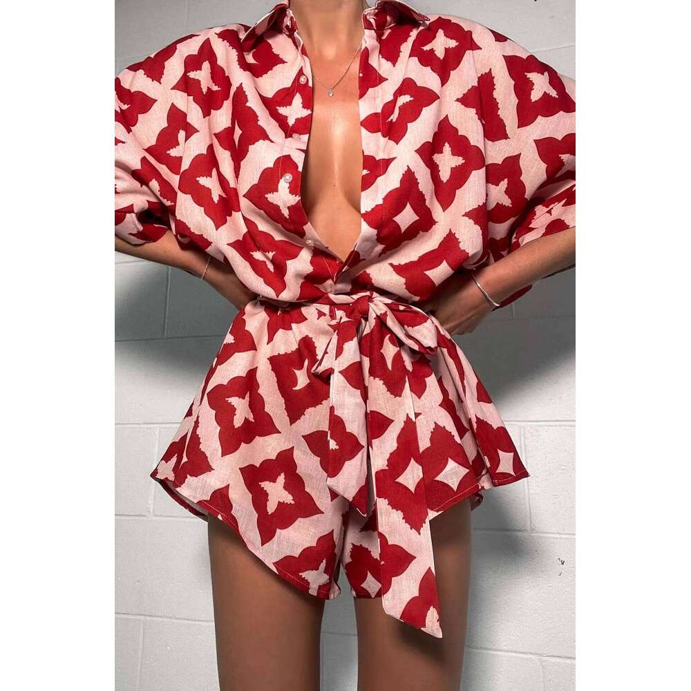 New Autumn Women casual Strap Jumpsuit Red Print Bow Tie Turndown Collar Loose Bodysuit Sexy Outfits Streetwear MAKOUFEI