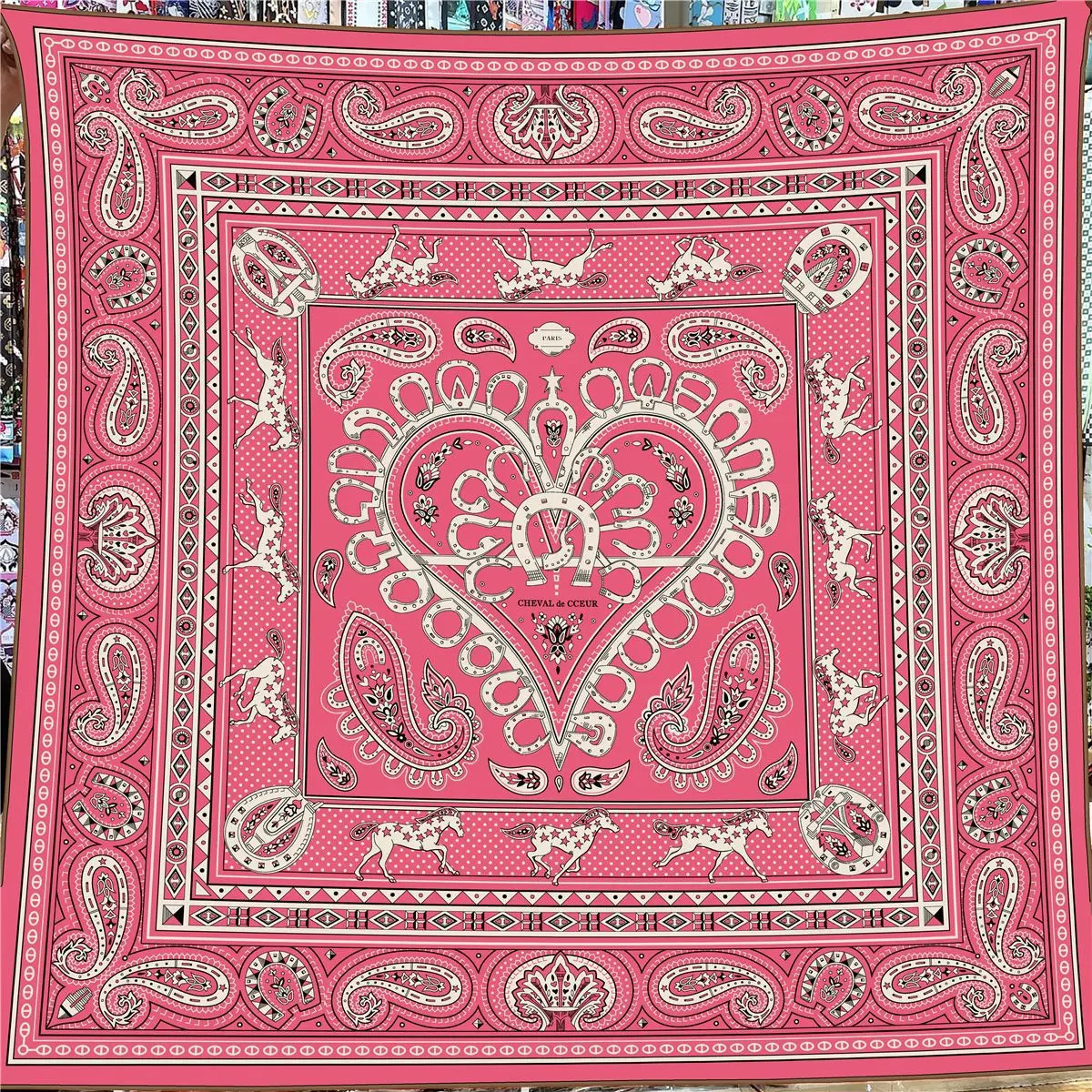 135CM Pink/Red Silk Cashmere Blend Square Scarf, Paisley Floral Pattern, Hand Rolled Edges, Large Cashmere Shawl 260413