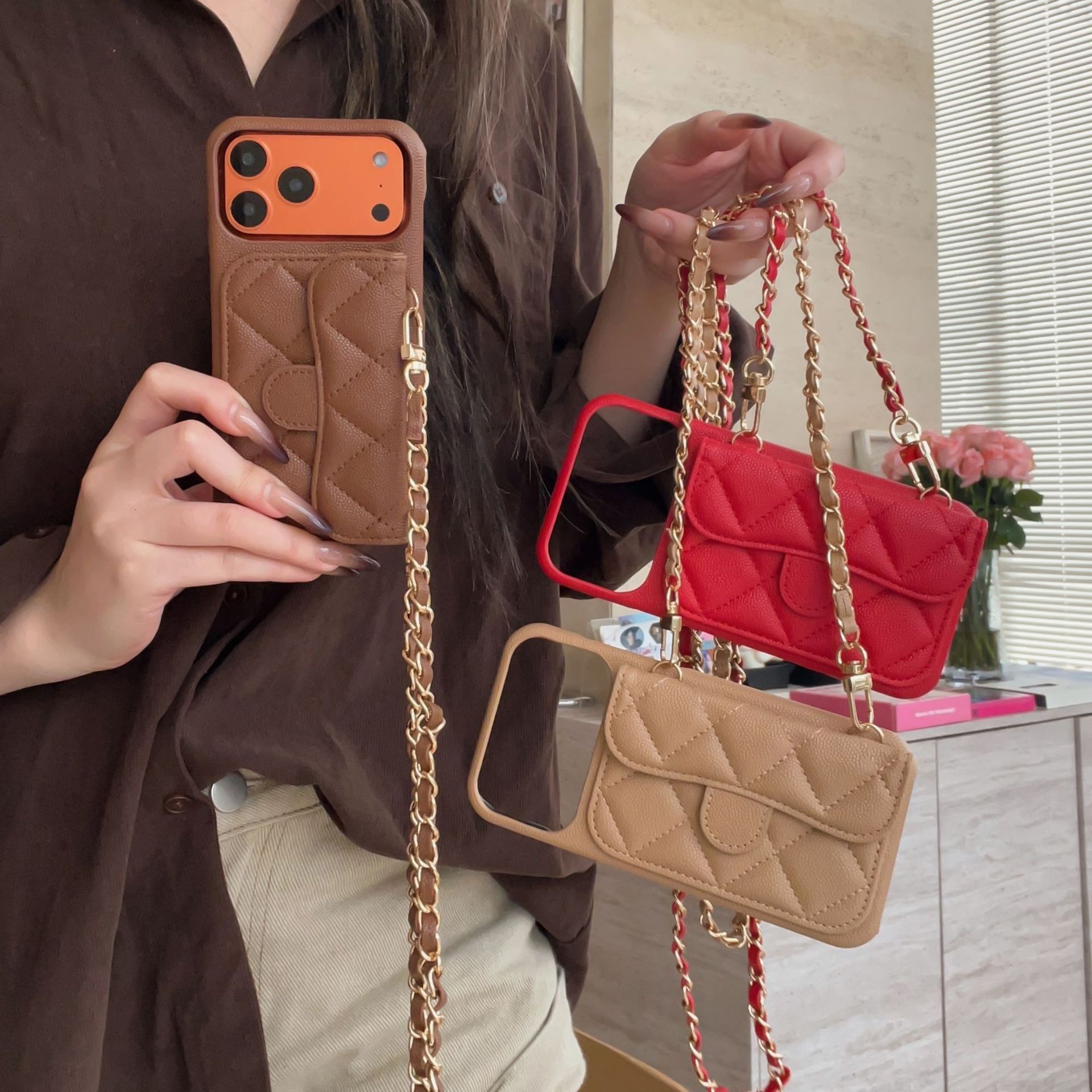 Phone Case iPhone 17 Pro Max Chanel Style Card Holder Apple 16 Lychee Pattern 15 Leather Quilted 14 Phone Case Hard Export