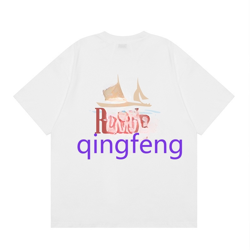 Summer men's trendy white cotton T-shirt with sailboat and coastal patterns, men's street style short sleeved round neck T-shirt