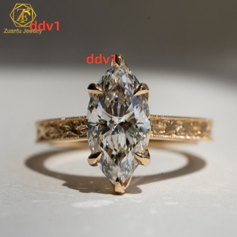 14K Gold Custom Vintage-Inspired Fine Jewelry Hand Engraved Milgrain Engagement Ring with Marquise Center Lab Grown Diamond