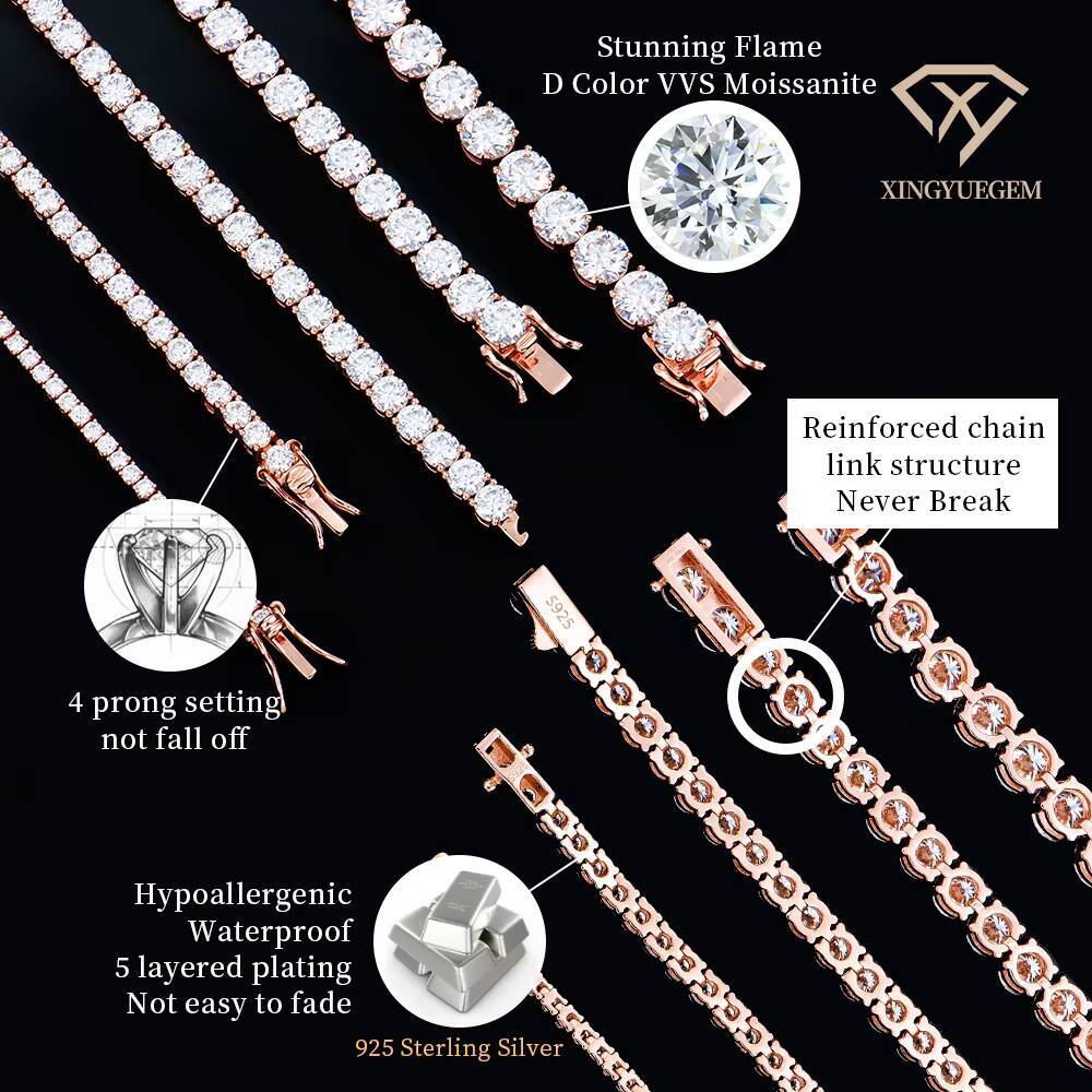 Men Women Hip Hop 2 3 4 5 6 mm 18k Rose Gold Plated Jewelry Gra Vvs Moissanite Diamond 925 Sterling Silver Tennis Chain Bracelet