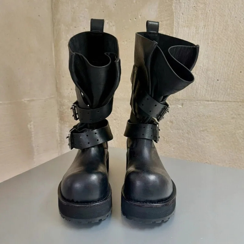 Modern Vintage Big Round Toe Height Increasing Boots Mens Belt Buckle Street Style Mid-Calf Boot Platform Motorcycle Boots 260413