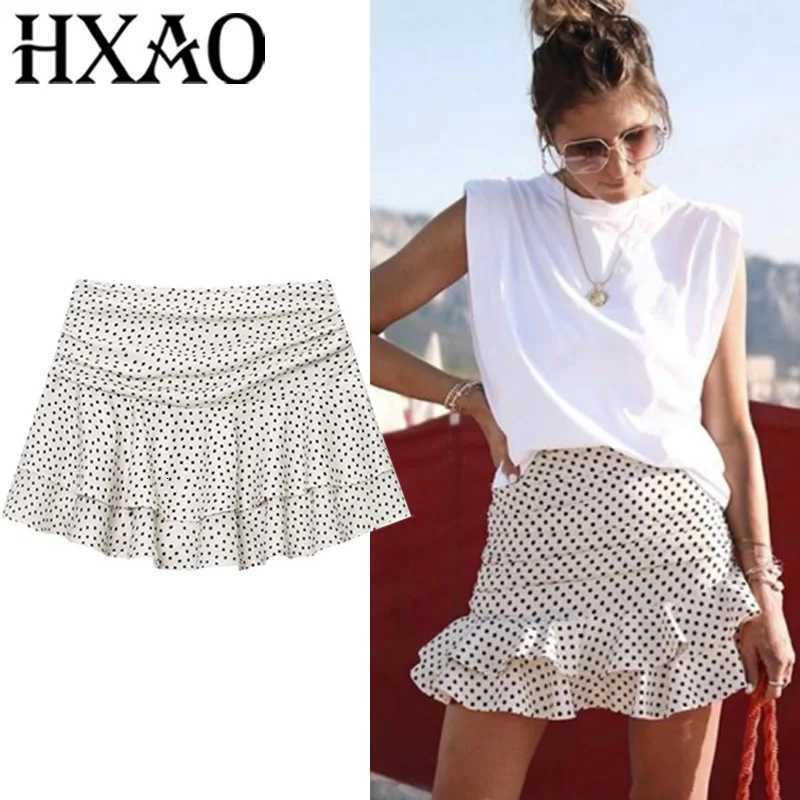 HXAO Polka Dot Skort For Women Ruffle Black Skirt Shorts Summer Pleats Mini Skirt Pants Woman Mid Waist Layered Green Skirt X260414