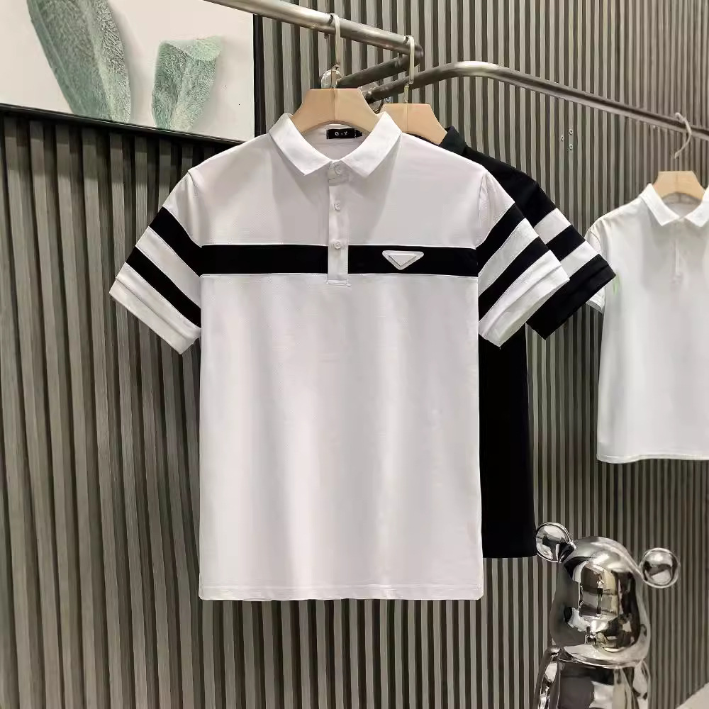 Black And White Striped Lapel Designer T-shirt Luxury Fashion Slim Fit Men's Business Short Sleeved Polo Shirt Outdoor Casual Trend Brand Versati