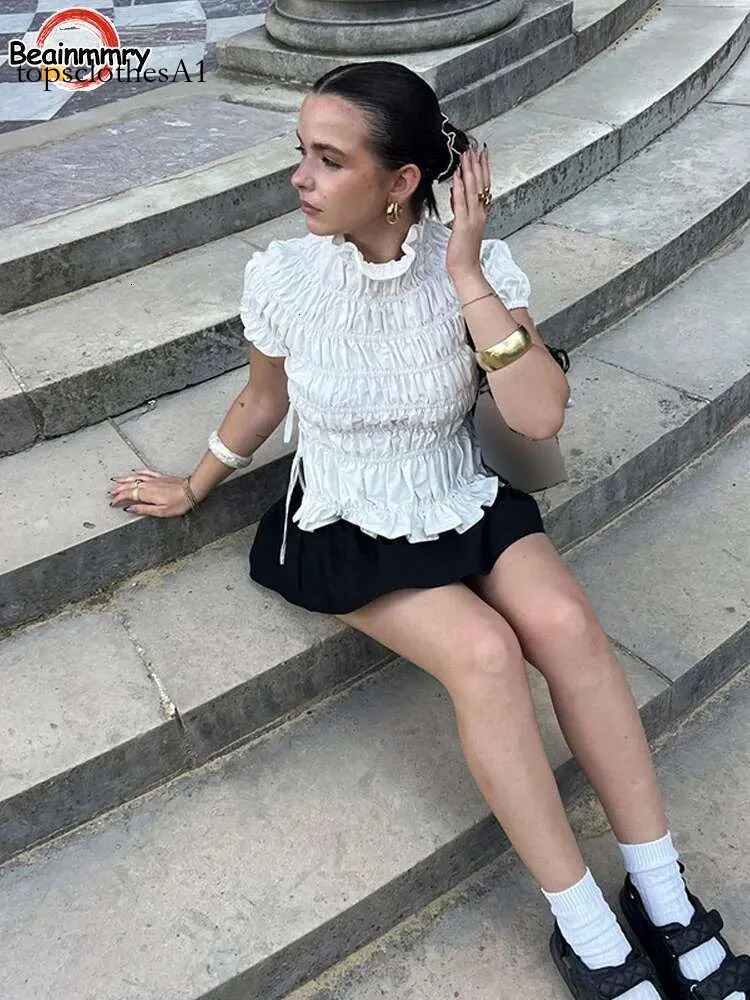 Fashion Ruffles Women Solid Blouse 2025 New Straps Stand Neck Short Sleeve Layered Shirt Spring Female Commute High Street Top