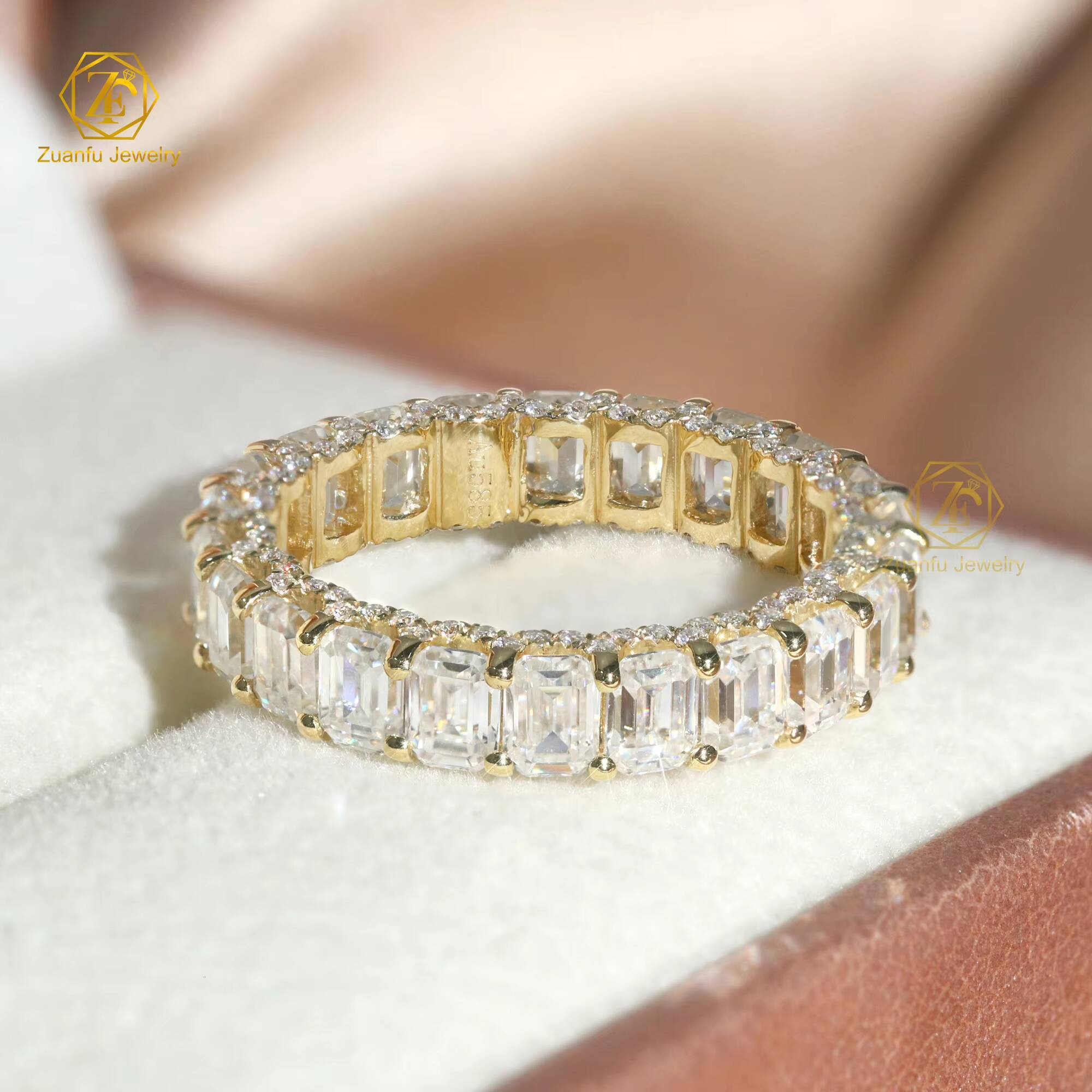 14K Yellow Gold Moissanite Eternity Ring 3x4mm Emerald D if Moissanite Full Diamond Ring Band for Ladys Wedding