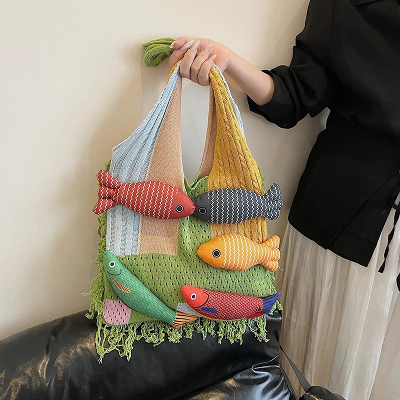 Cute Little Fish Relaxed Knitted Bag Summer Commuter Versatile Shoulder Bag Contrasting Cut Out Tote Bag 260413