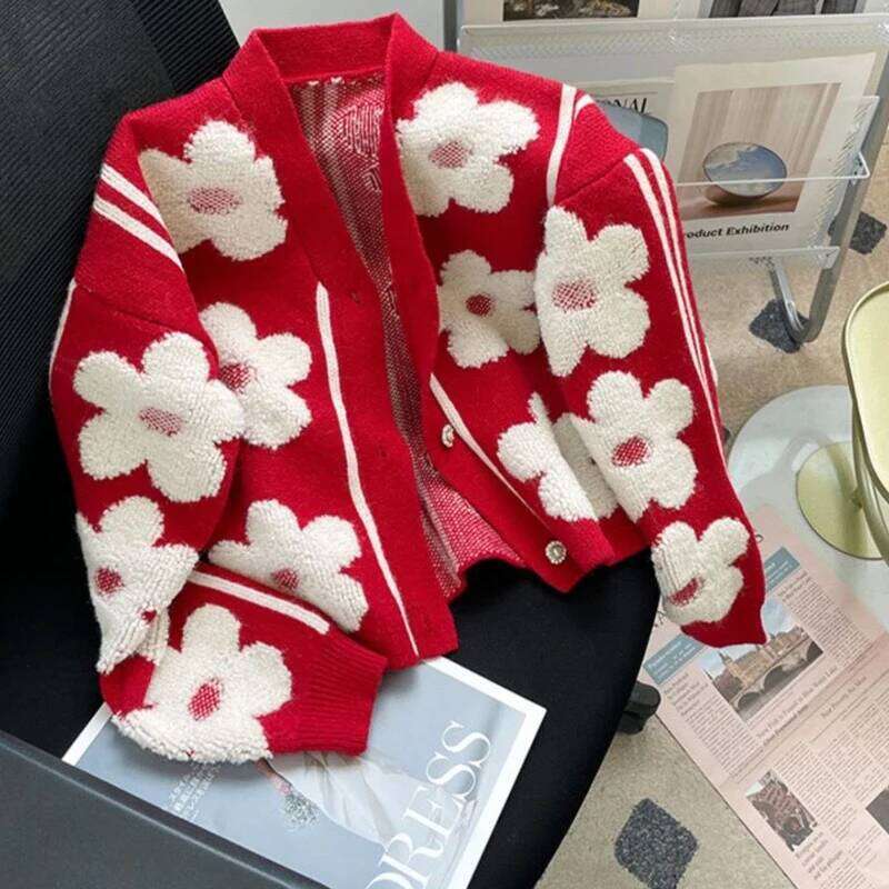 Flocked Flower New Red Knitted Cardigan Women Designer High-End Chic V-Neck Coat Sweater Mujer Casual Outerwear MAKOUFEI