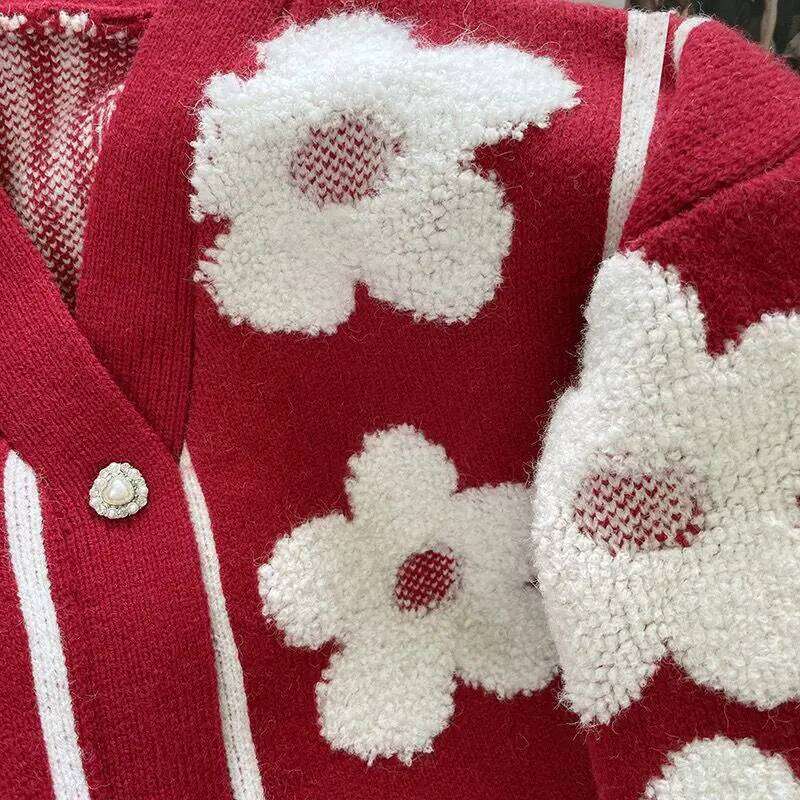 Flocked Flower New Red Knitted Cardigan Women Designer High-End Chic V-Neck Coat Sweater Mujer Casual Outerwear MAKOUFEI