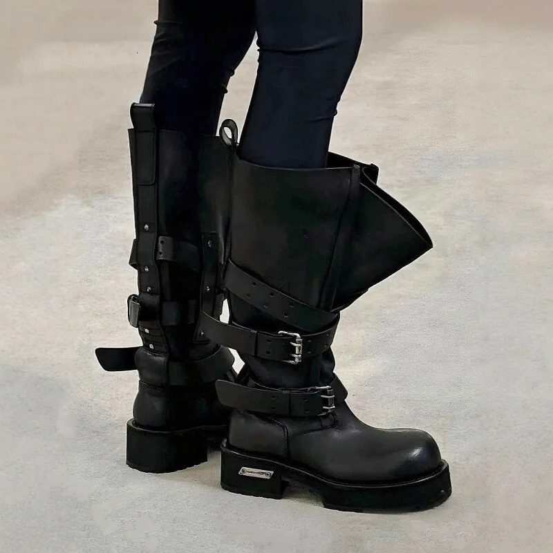 Modern Vintage Big Round Toe Height Increasing Boots Mens Belt Buckle Street Style Mid-Calf Boot Platform Motorcycle Boots 260413