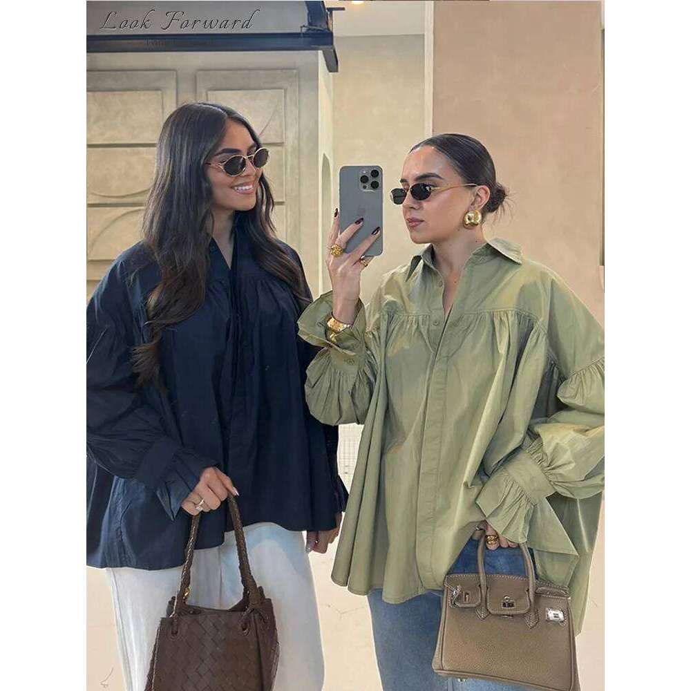 Casual Women Loose Lantern Sleeve Buttons Turn Down Collar Pleated Blouse Lady Spring Summer Green Shirts Woman All match MAKOUFEI