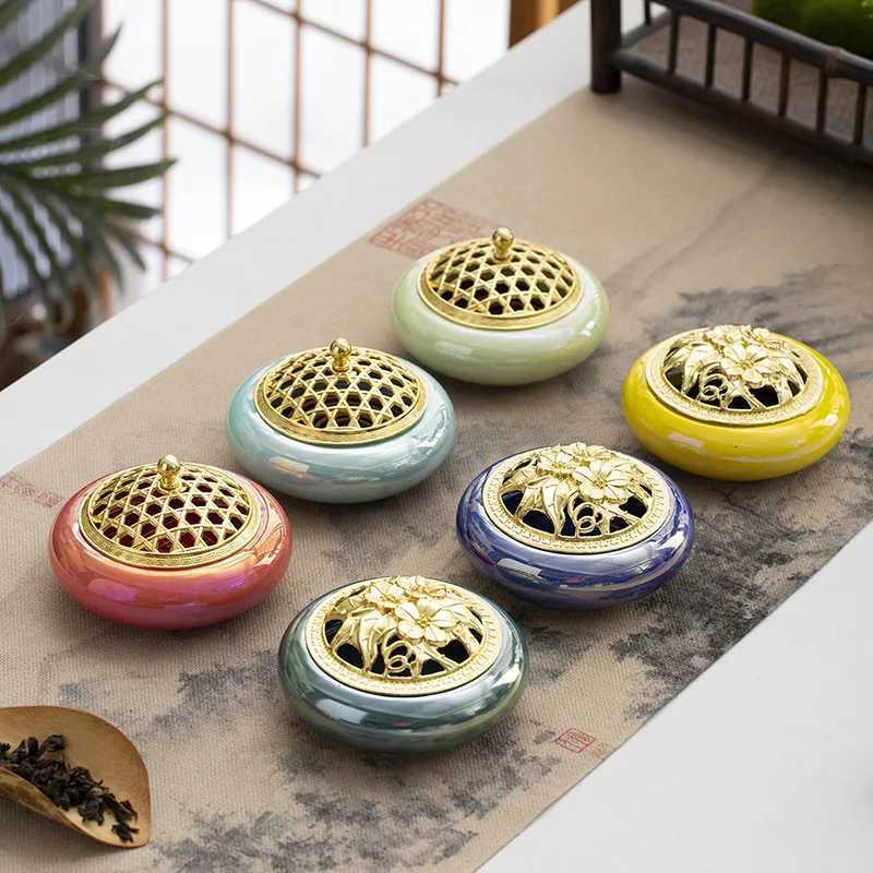 Chinese Style Tradition Colorful Ceramic Small Incense Burner Golden Household Plate Incense Net Household Tea House Hotel ZenT260415