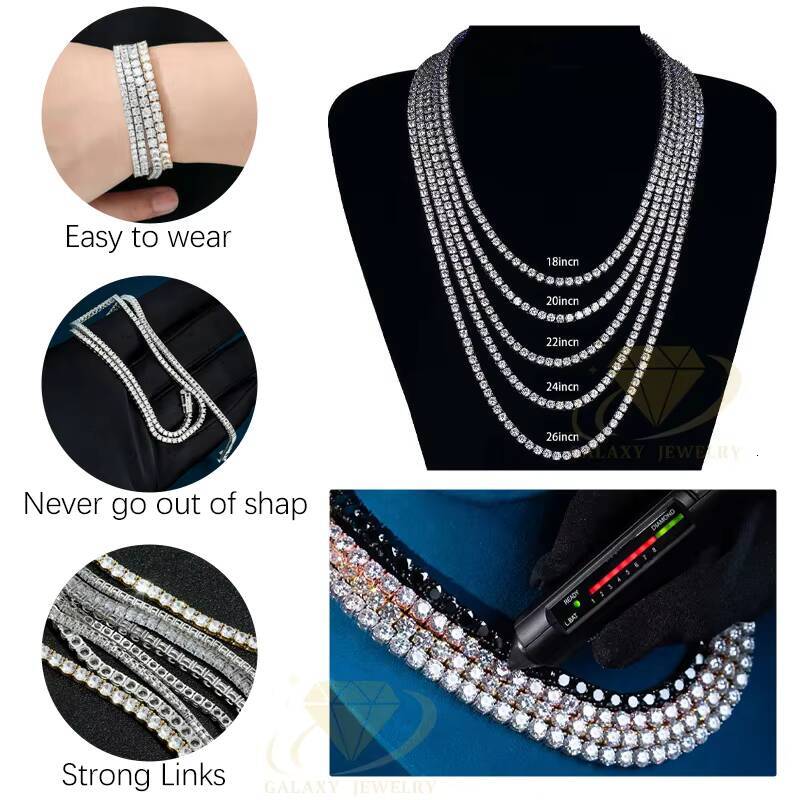 Hip Hop Fine Jewelry White Gold 925 Sterling Silver VVS Moissanite Diamond Cluster Tennis Chain Bracelet Necklace With GRA