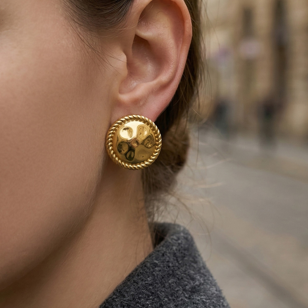Earrings For Women Button Design Stainless Steel 18K Gold Plated Hammered Texture Unique Versatile