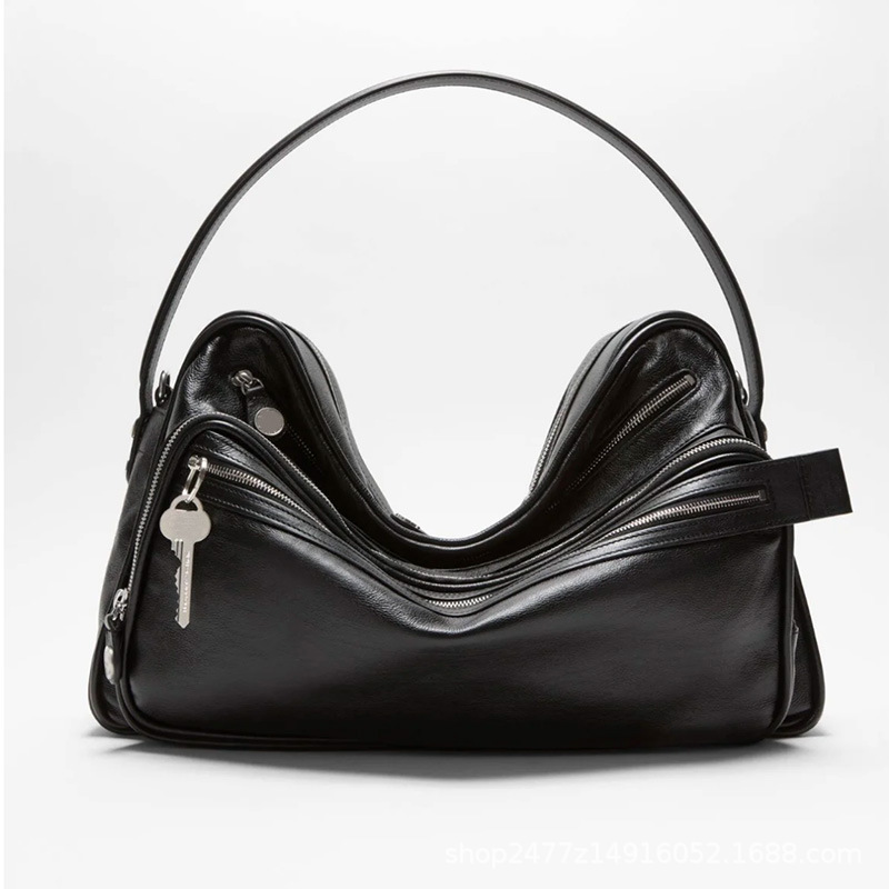 Niche New Genuine Leather Multi-Compartment Zipper Handbag Key Pendant Underarm Motorcycle Single Shoulder Crossbody Bag