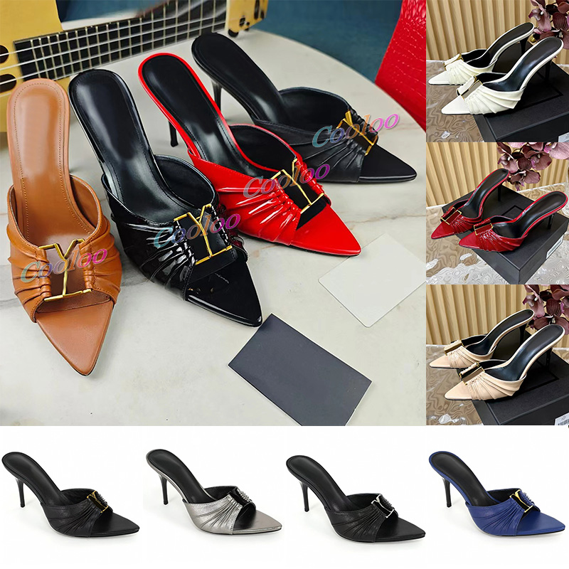 Elegant Ladies stiletto Slippers mule Genuine Leather Fashionable Letter Buckle Sharp toes sandals luxurious designer high-heeled Slippers Sizes 35-43