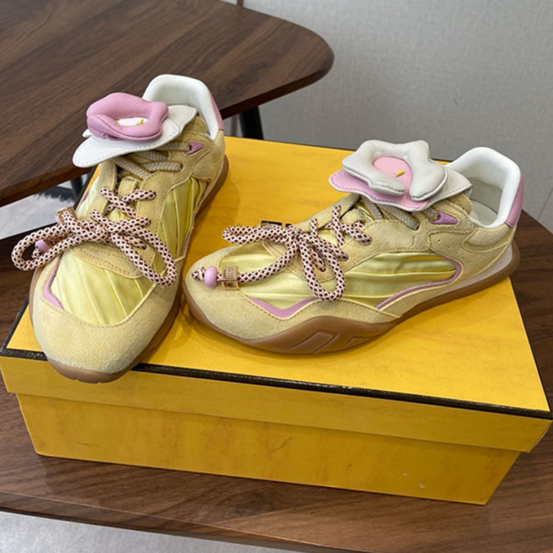 womens Wave Pulse lace up low top sneakers fashion yellow satin pleats tone on tone suede New sports shoes Detachable folded tongue Ladies exquisite casual shoes