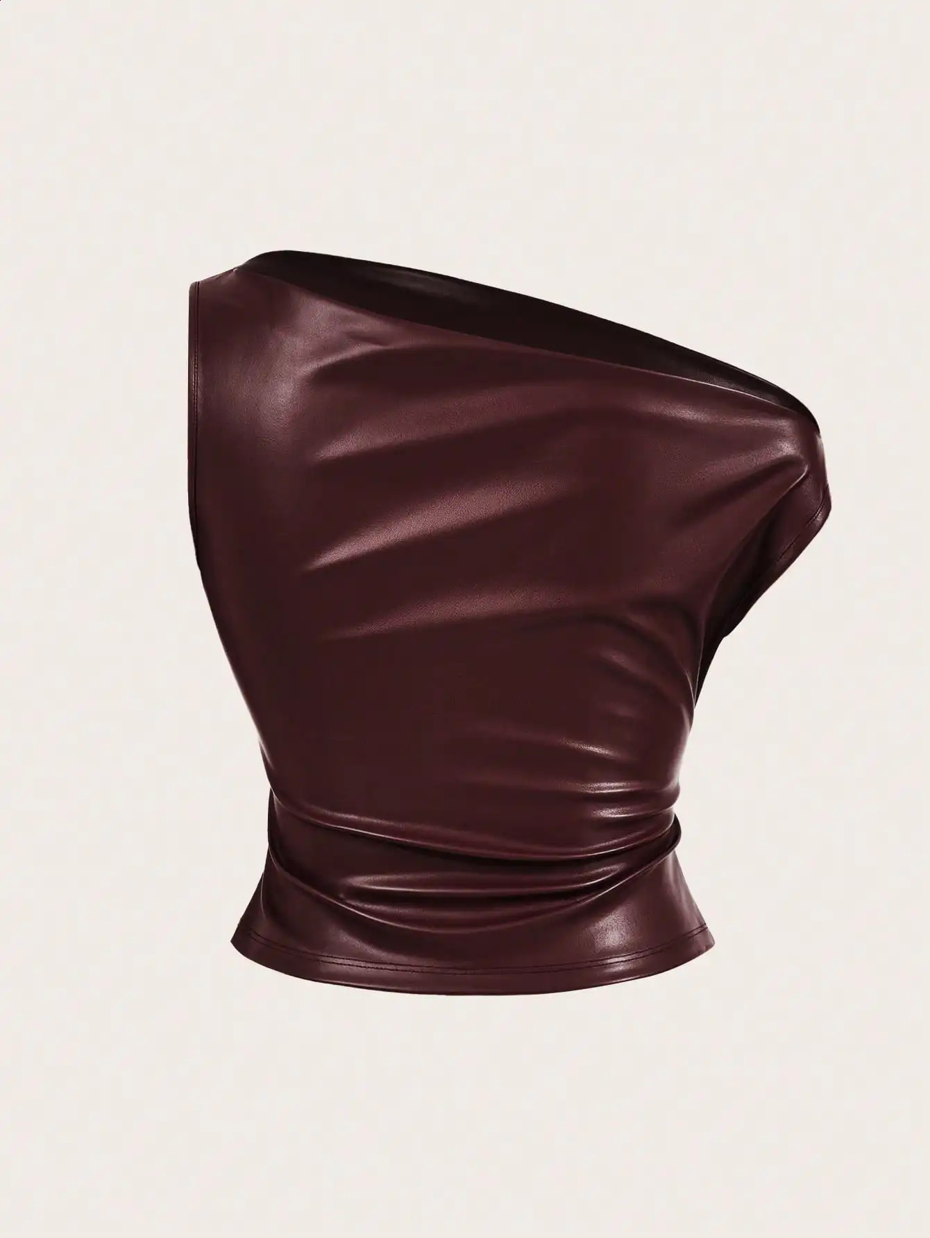 Burgundy PU Leather Off Shoulder Ruched Sleeveless Top For Women 260414