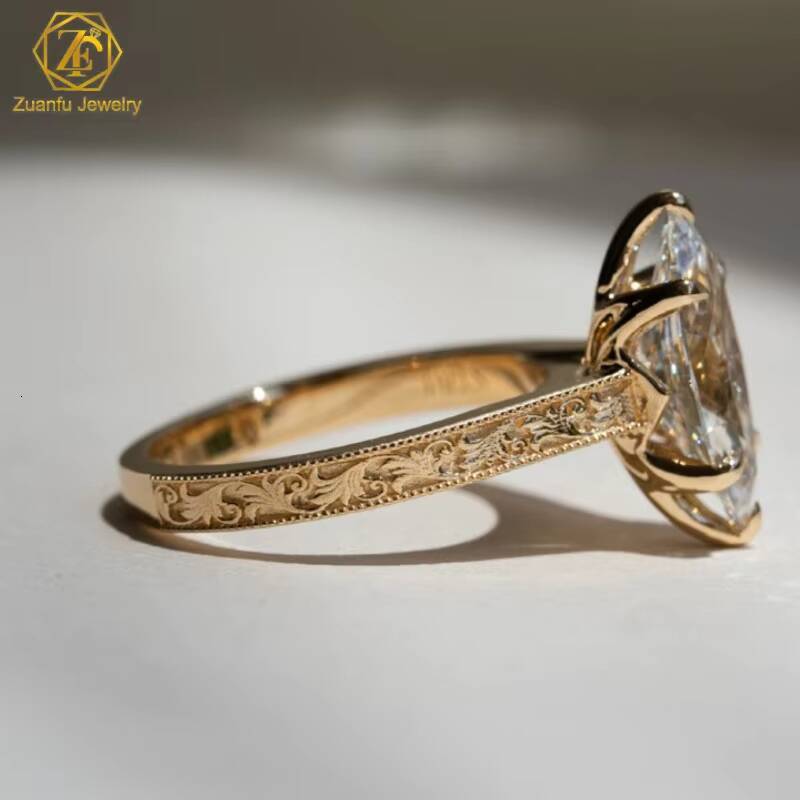 14K Gold Custom Vintage-Inspired Fine Jewelry Hand Engraved Milgrain Engagement Ring with Marquise Center Lab Grown Diamond