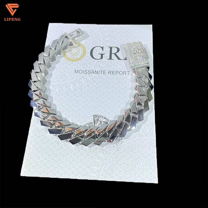 Hip Hop Jewelry Silver Plated 15mm Plain Cuban Bracelet with Moissanite Clasp Custom 925 Silver Bracelet for Men