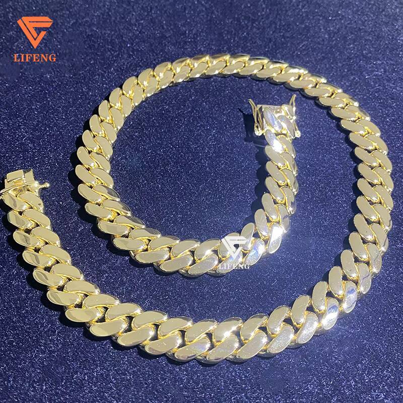 Lifeng Jewelry Luxury Style 14k Gold Plated Cuban Link Chain 14mm Hiphop Men 925 Sterling Silver Smooth Cuban Chain Necklace