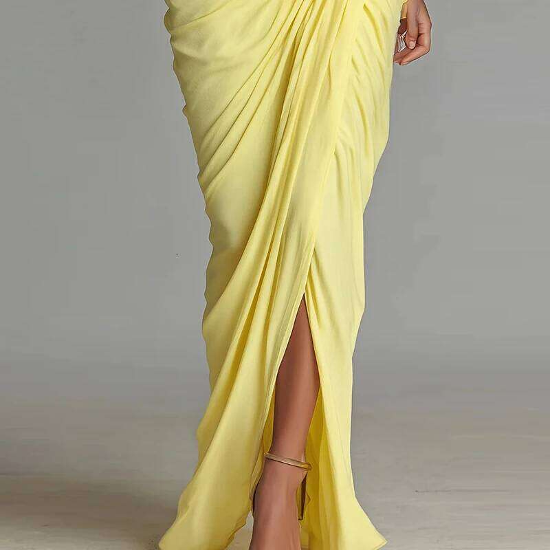 Yellow Lady Turtleneck Pleated Party Autumn Seven Quarter Sleeve High Waist Irregular Fashion Split Solid Long Dress MAKOUFEI