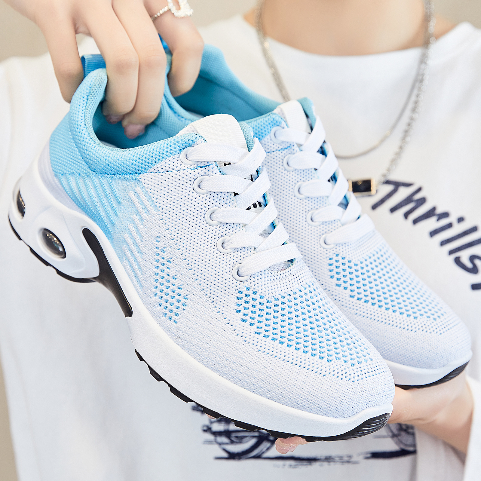 Women's gradient color air cushion sports shoes, breathable mesh lace up casual walking shoes