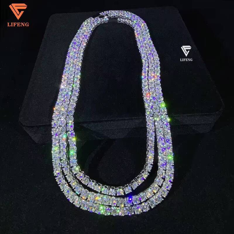 Custom Iced Out Hip Hop Jewelry 6mm VVS Moissanite Diamond Tennis Ball Chain Round Shape 925 Sterling Silver Tennis Necklace