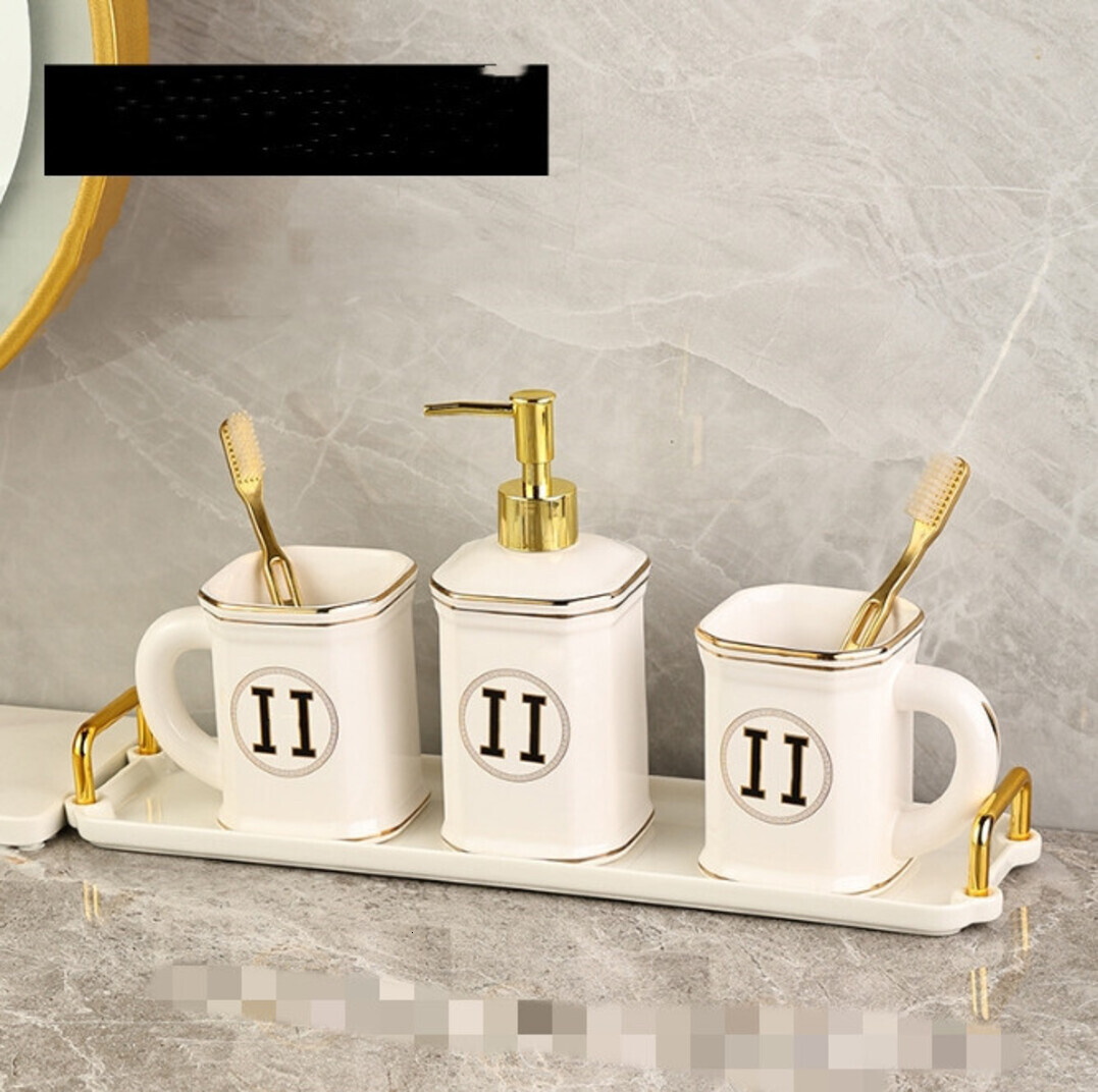 Designer Modern Ceramic Sanitary Ware Sets Six Piece Bathroom Lotion Press Sannitizer Replacement Bottle Gargle Cup h Toothbrush Holder Soap Dish High End Free