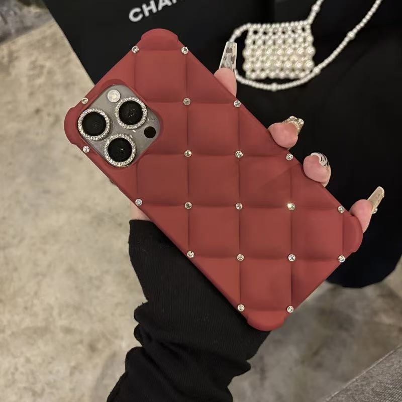 Luxe Red Quilted Phone Case with Bling Diamonds 3D Grid Protective Cover