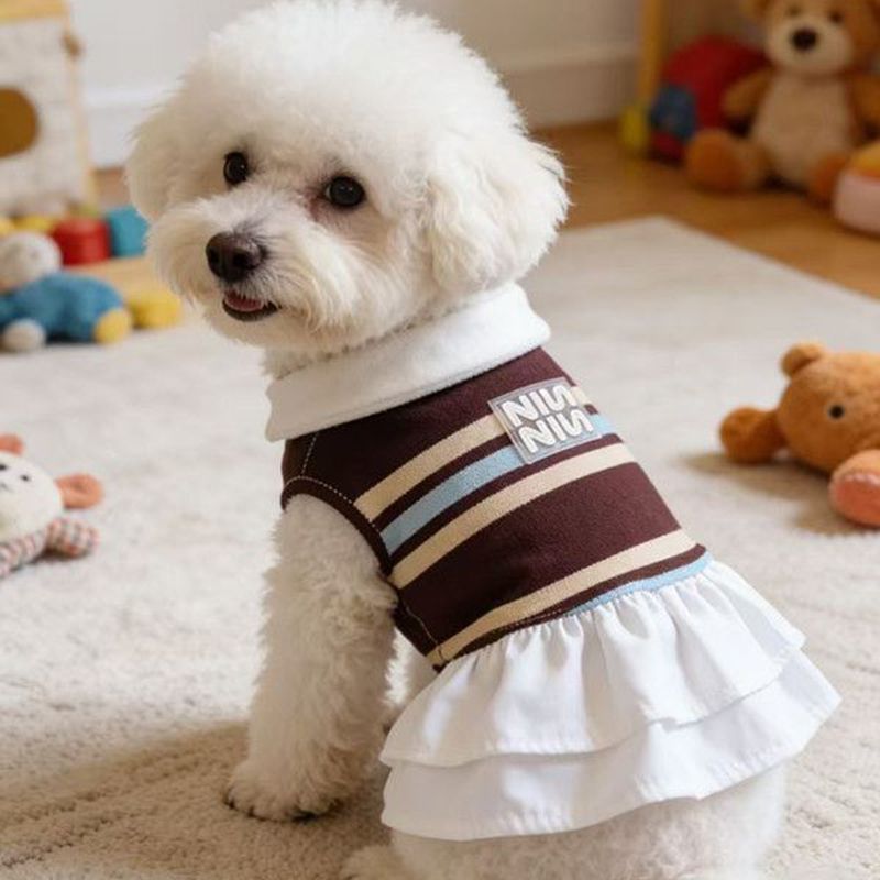 Striped Polo Collar Dog Dress, Breathable Puppy Vest Skirt with Ruffle Hem, Cute Small Dog Clothes for Bichon Yorkie, Fashion Stretch Pet Apparel for 