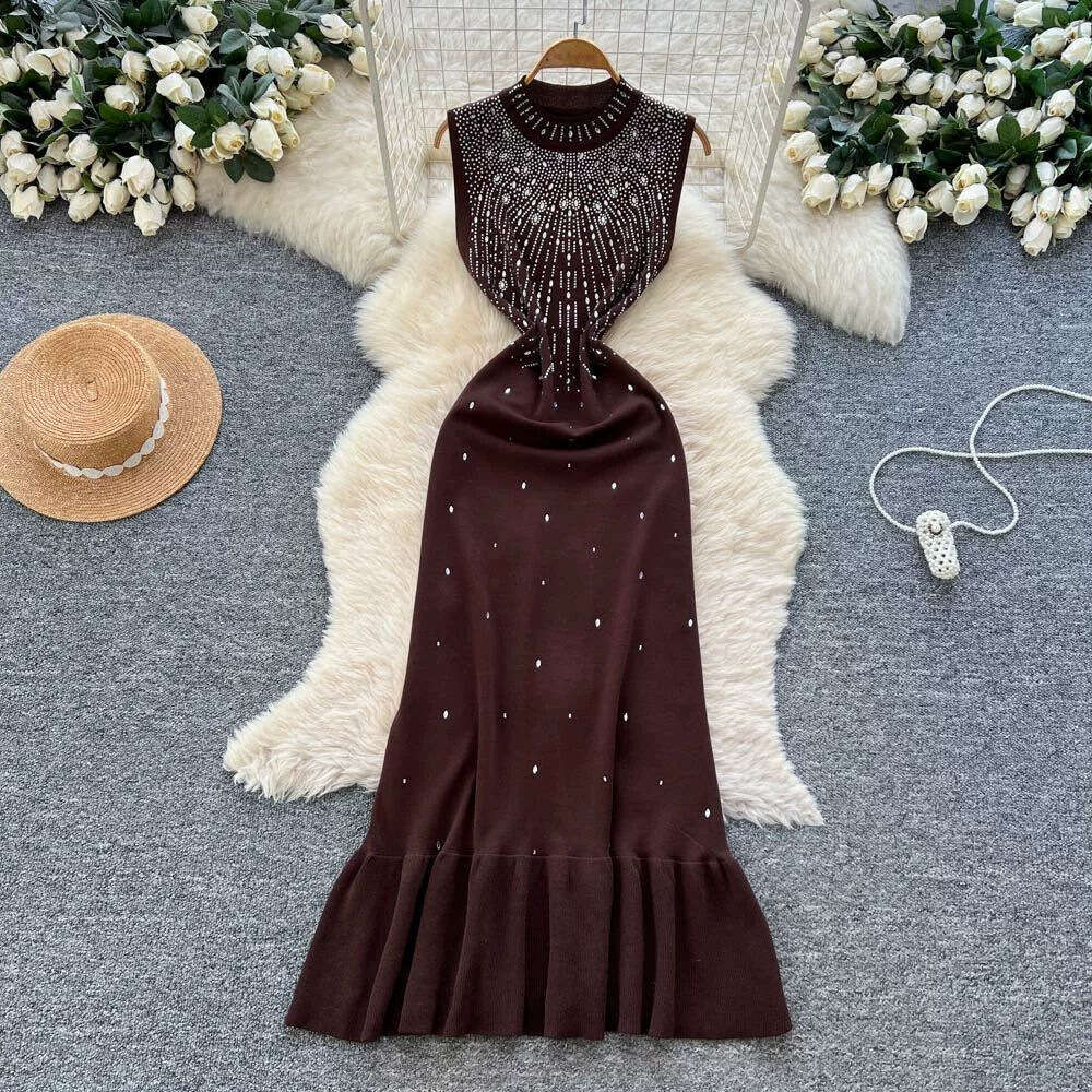 Summer k30 rhinestone decorated semi high neck fishtail FC 2026 new slim fit sleeveless knitted dress