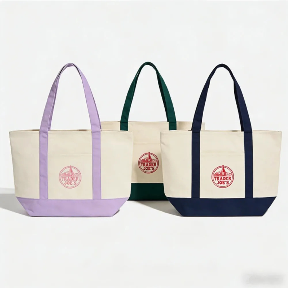 3PCSTrader Joe Large Tote Shopping Bag Cotton Canvas Embroidered 260414