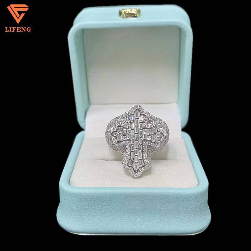Fine Jewelry Mens Cross Ring 14K/18K White Gold Plated VVS Moissanite Ice Diamond 925 Sterling Silver Baguette Cut Hip Hop