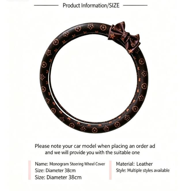 Luxury Monogram Leather Car Steering Wheel Cover, Universal Fit, Non-Slip Anti-Skid Grip, Stylish Auto Interior Decoration & Protective Accessories Fo