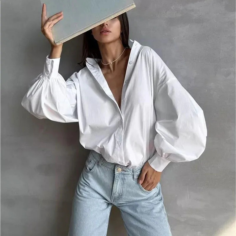 Womens Lantern Sleeve Oversized Blouse Casual Loose Streetwear Black White Shirt Woman Vintage All-Match Basic Blusas 260414