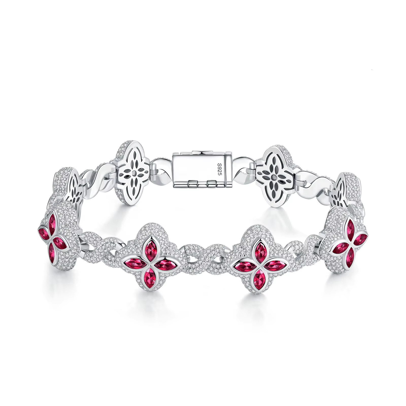 Hot Selling 15MM 925 Sterling Silver Cuban Clover Bracelets Iced Out Hip Hop Infinity Colored Moissanite Cuban Bracelet