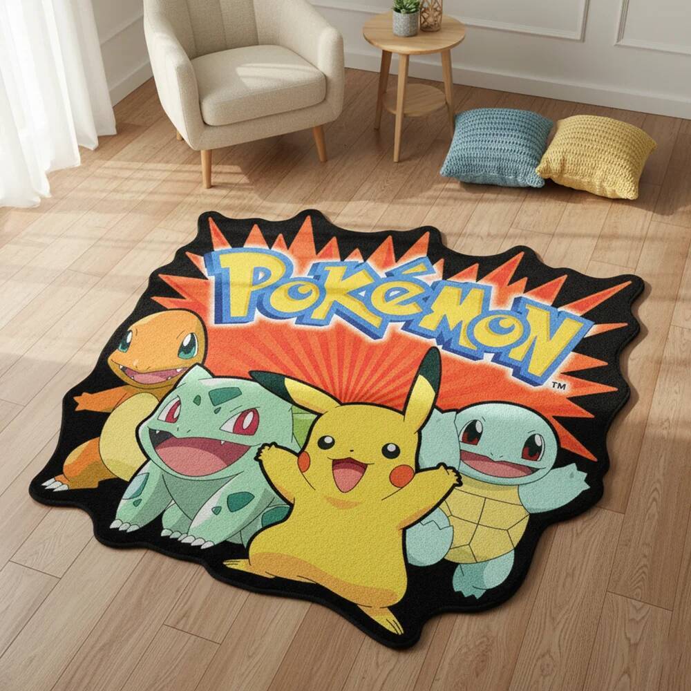 Pokemon Pikachu & Kanto Starters Area Rug, Anime Cartoon Carpet Trendy Manga Home Decor Floor Mat, Perfect Gift for Fans