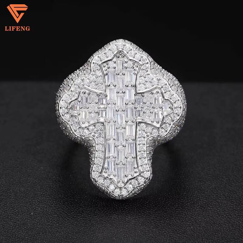New Trendy Mens 925 Sterling Silver 18K Gold-Plated Luxury Baguette Cut Cross Ring VVS Moissanite Diamond Custom Hip Hop