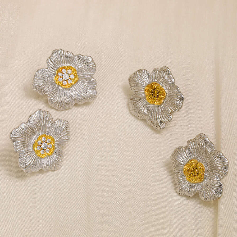 Women 925 Sterling Silver Gardenia Flower Stud Earrings - Hand-Engraved Floral Design with Pink & Yellow CZ Gemstones, Italian Craftsmanship Inspired 