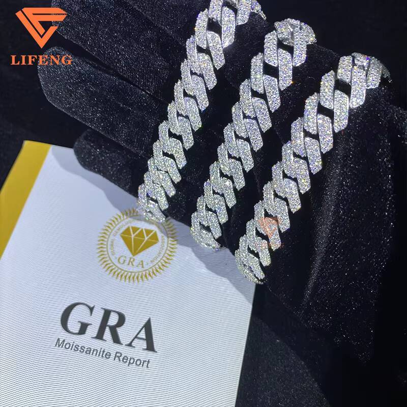 Hip Hop Jewelry Moissanite Bracelet 2rows 12mm Wide S925 Silver VVS Moissanite Iced Out Diamond Cuban Link Bracelet for Men