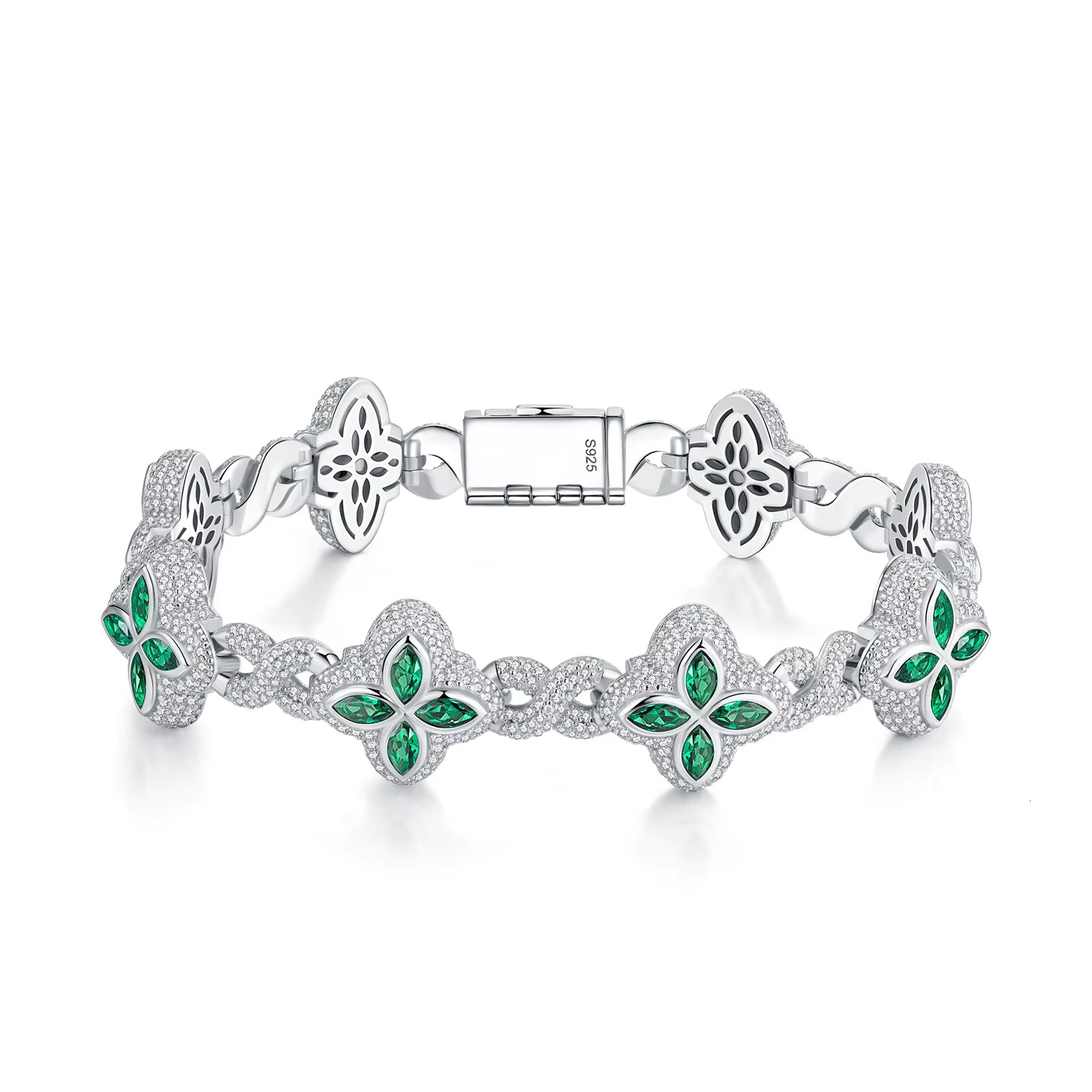 Hot Selling 15MM 925 Sterling Silver Cuban Clover Bracelets Iced Out Hip Hop Infinity Colored Moissanite Cuban Bracelet