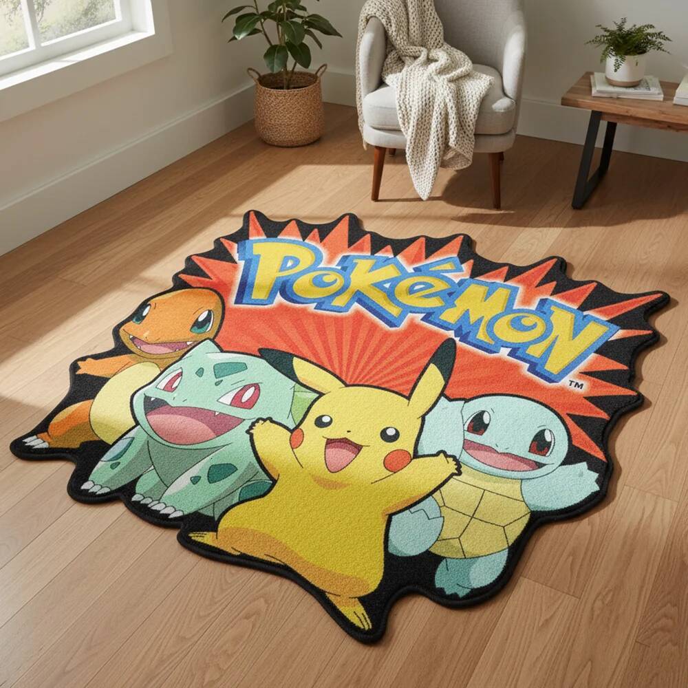 Pokemon Pikachu & Kanto Starters Area Rug, Anime Cartoon Carpet Trendy Manga Home Decor Floor Mat, Perfect Gift for Fans