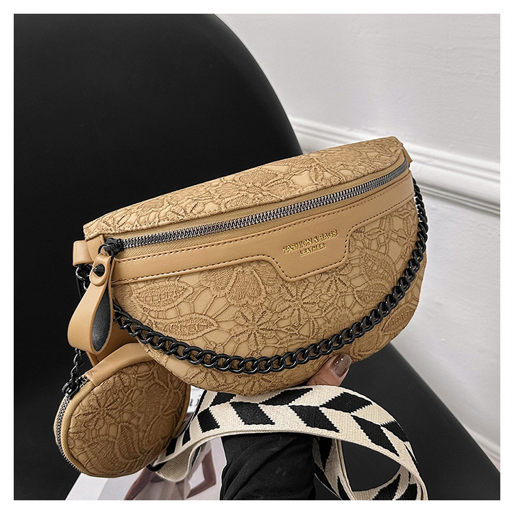 Retro women's chest bag with niche design embossed broadband single shoulder mother and child bag round cake headphone bag commuting shoulder bag